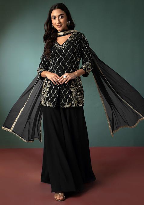 Black Palazzo Set With Sequin Hand Embroidered Short Kurta And Dupatta