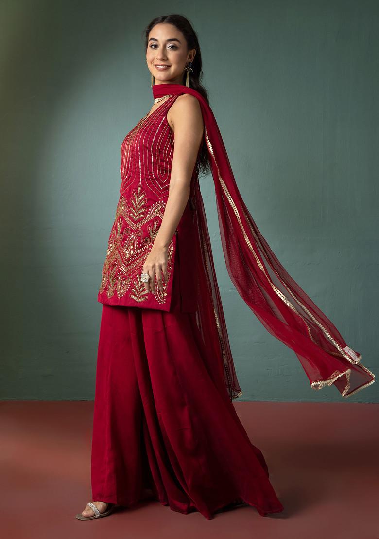 Red Palazzo Set With Hand Embroidered Short Kurta And Dupatta