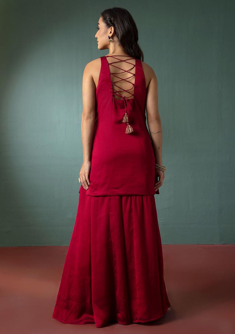 Red Palazzo Set With Hand Embroidered Short Kurta And Dupatta