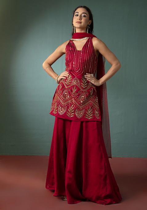 Red Palazzo Set With Hand Embroidered Short Kurta And Dupatta