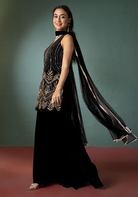 Black Palazzo Set With Hand Embroidered Short Kurta And Dupatta