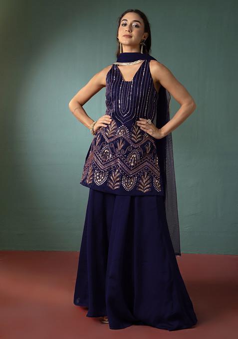 Navy Blue Palazzo Set With Hand Embroidered Short Kurta And Dupatta