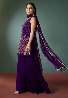 Bright Purple Palazzo Set With Hand Embroidered Short Kurta And Dupatta