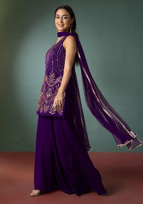 Bright Purple Palazzo Set With Hand Embroidered Short Kurta And Dupatta