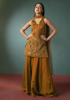 Ochre Palazzo Set With Hand Embroidered Short Kurta And Dupatta