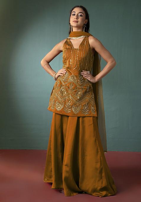 Ochre Palazzo Set With Hand Embroidered Short Kurta And Dupatta