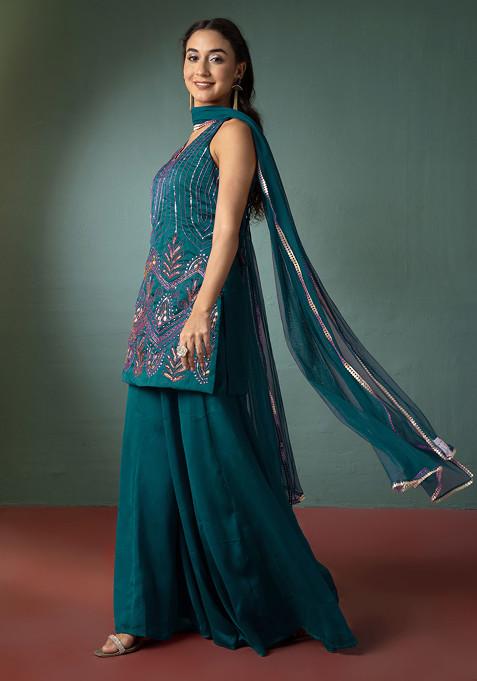 Turquoise Palazzo Set With Hand Embroidered Short Kurta And Dupatta