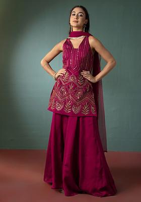 Pink Palazzo Set With Hand Embroidered Short Kurta And Dupatta