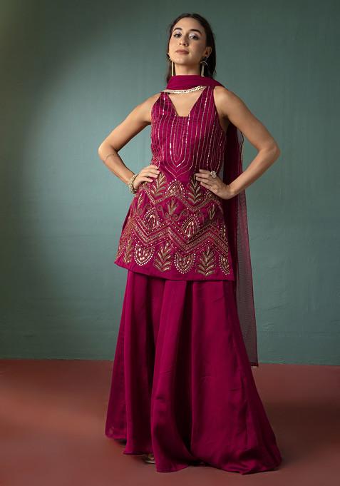 Pink Palazzo Set With Hand Embroidered Short Kurta And Dupatta