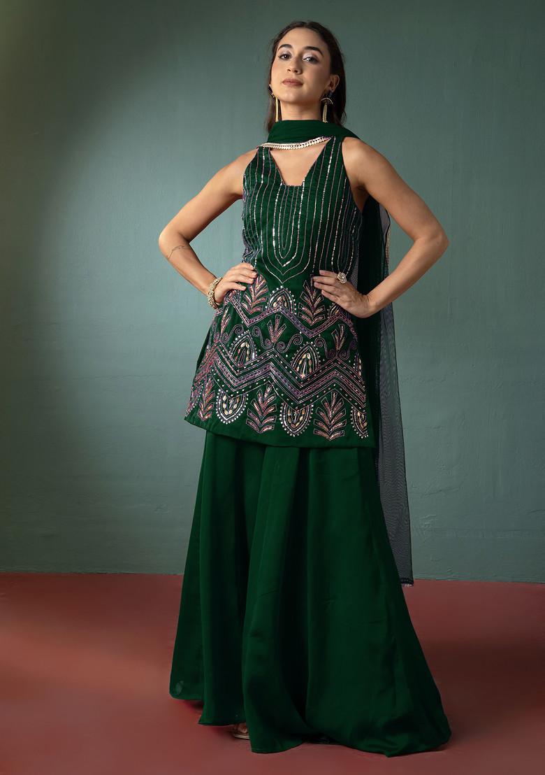 Deep Green Palazzo Set With Hand Embroidered Short Kurta And Dupatta