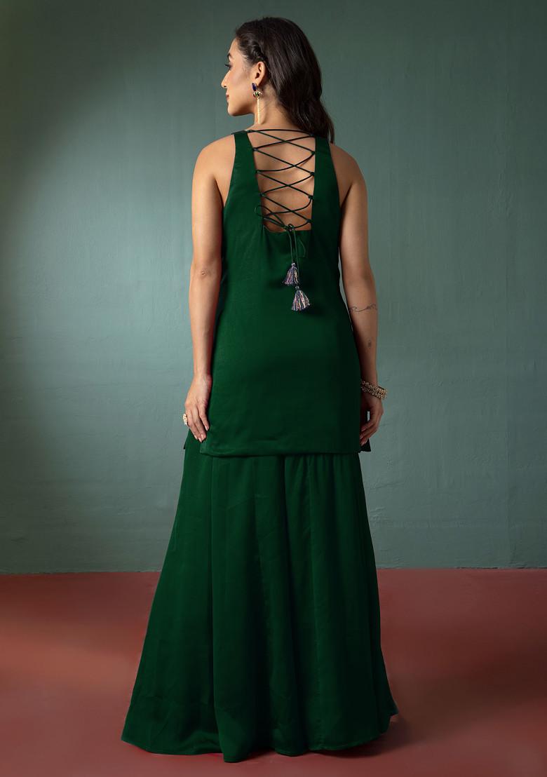 Deep Green Palazzo Set With Hand Embroidered Short Kurta And Dupatta