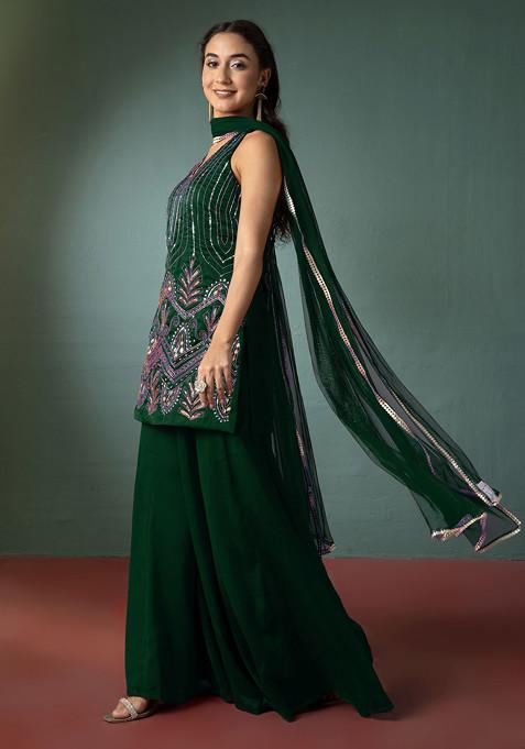 Deep Green Palazzo Set With Hand Embroidered Short Kurta And Dupatta