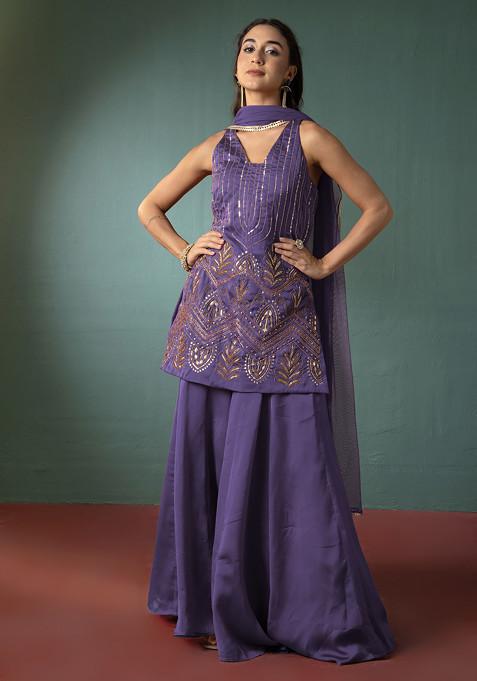 Purple Palazzo Set With Hand Embroidered Short Kurta And Dupatta