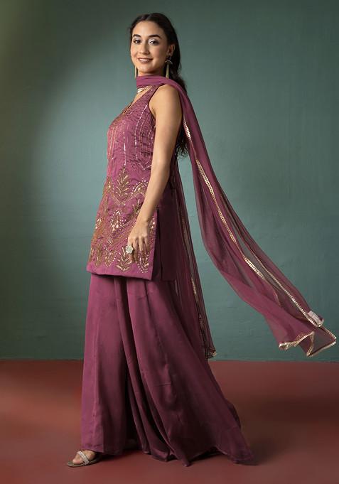 Rose Pink Palazzo Set With Hand Embroidered Short Kurta And Dupatta