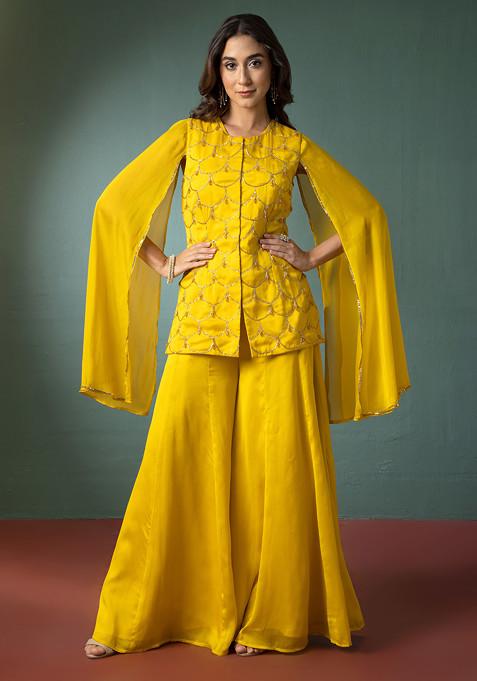 Mustard Palazzo With Hand Embroidered Kurta