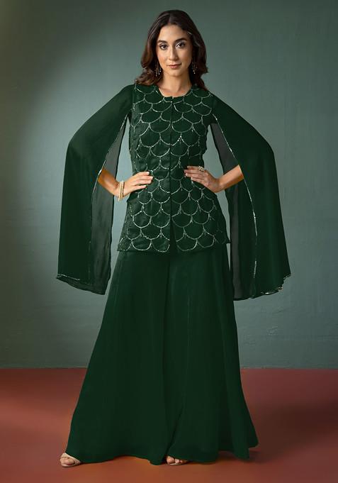 Green Palazzo With Hand Embroidered Kurta