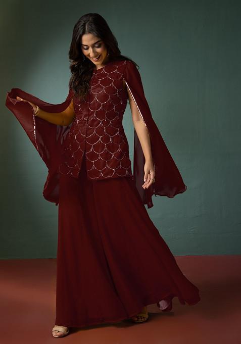 Maroon Palazzo With Hand Embroidered Kurta