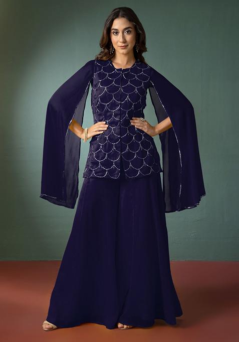 Navy Blue Palazzo With Hand Embroidered Kurta