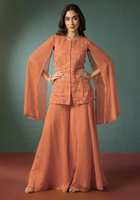 Peach Palazzo With Hand Embroidered Kurta