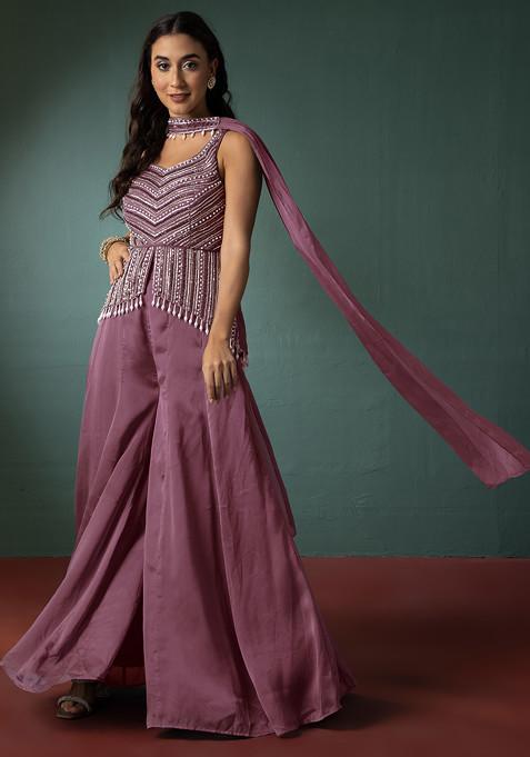 Dull Pink Palazzo Set With Hand Embroidered Short Kurta And Dupatta