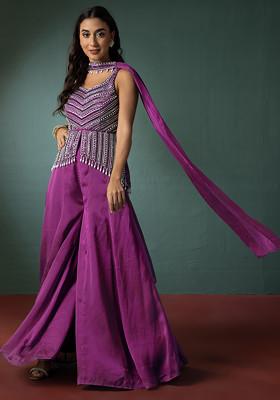 Bubblegum Pink Palazzo Set With Hand Embroidered Short Kurta And Dupatta