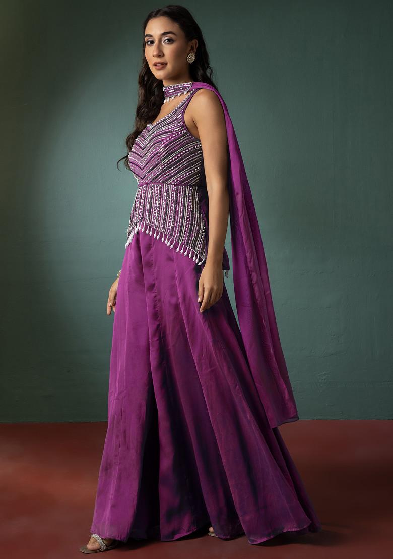 Bubblegum Pink Palazzo Set With Hand Embroidered Short Kurta And Dupatta