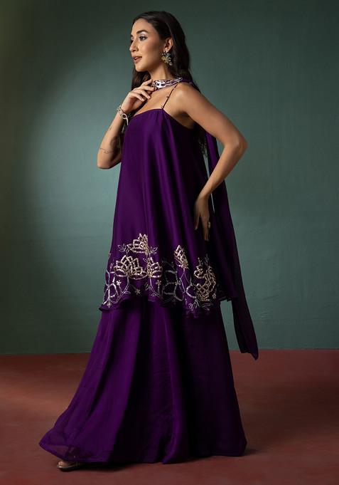 Dark Purple Palazzo Set With Floral Hand Embroidered Short Kurta And Dupatta