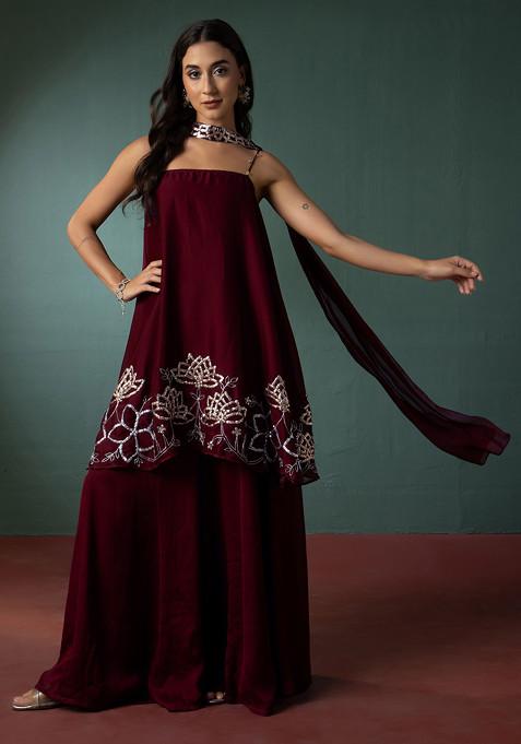 Maroon Palazzo Set With Floral Hand Embroidered Short Kurta And Dupatta