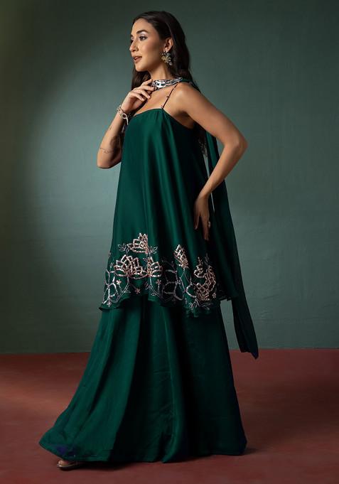 Deep Green Palazzo Set With Floral Hand Embroidered Short Kurta And Dupatta