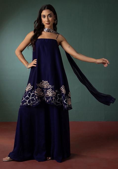 Midnight Blue Palazzo Set With Floral Hand Embroidered Short Kurta And Dupatta