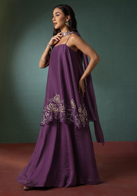 Mauve Palazzo Set With Floral Hand Embroidered Short Kurta And Dupatta