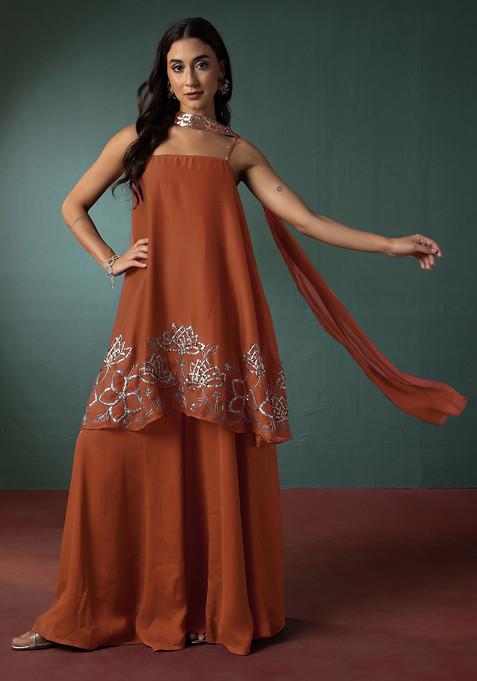 Tangerine Orange Palazzo Set With Floral Hand Embroidered Short Kurta And Dupatta