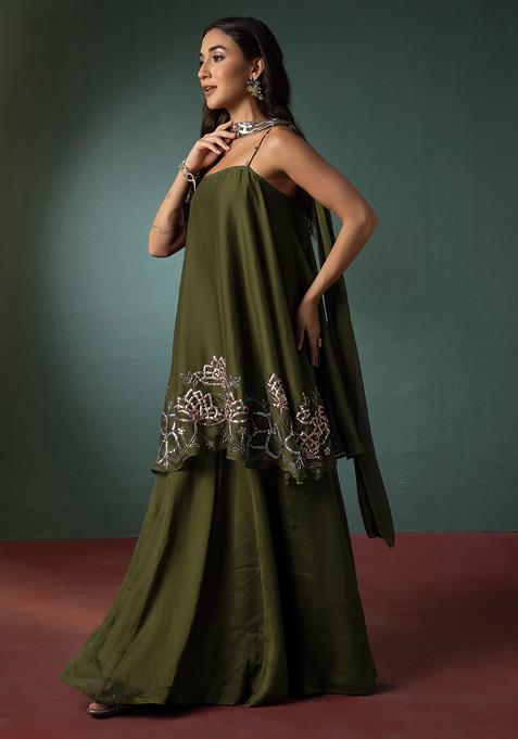 Fern Green Palazzo Set With Floral Hand Embroidered Short Kurta And Dupatta