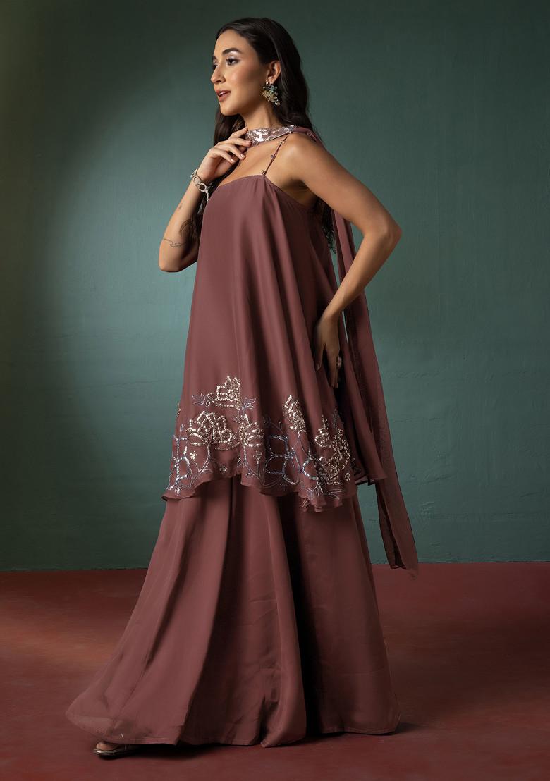 Dusty Rose Palazzo Set With Floral Hand Embroidered Short Kurta And Dupatta