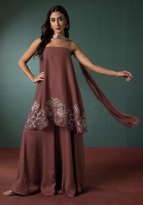 Dusty Rose Palazzo Set With Floral Hand Embroidered Short Kurta And Dupatta