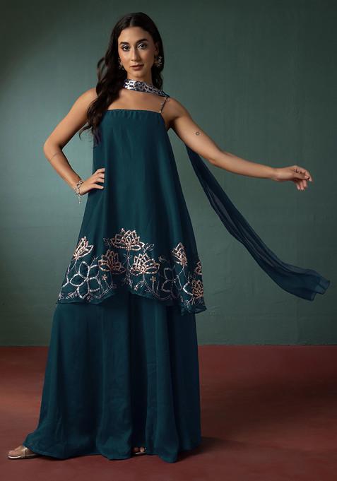 Dark Turquoise Palazzo Set With Floral Hand Embroidered Short Kurta And Dupatta