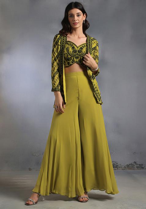 Lemon Green Sharara Set With Floral Embroidered Blouse And Jacket