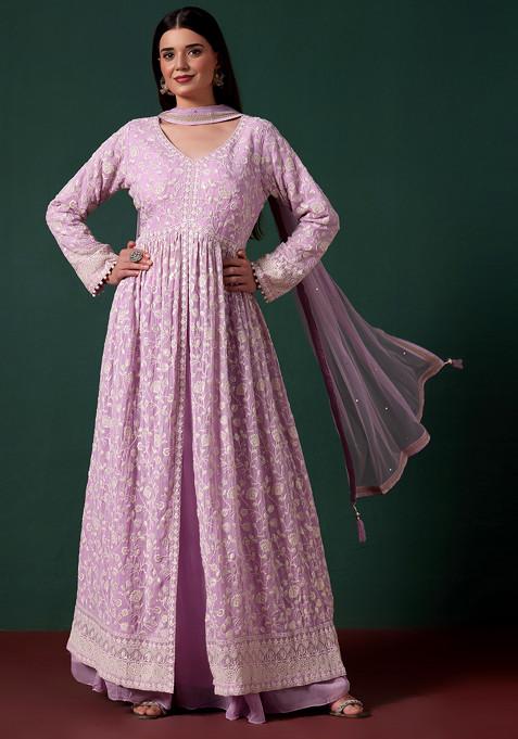 Purple Embroidered Anarkali Set With Pants And Dupatta