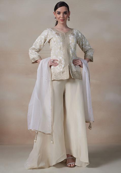 Beige Sharara Set With Embroidered Kurta And Dupatta