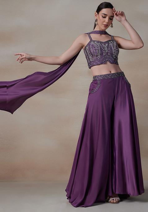 Purple Palazzo Set With Embellished Blouse Dupatta