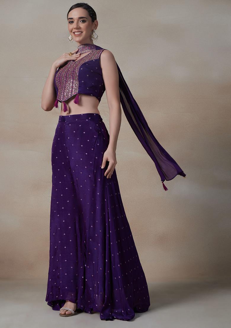 Purple Palazzo Set With Embroidered Blouse And Dupatta