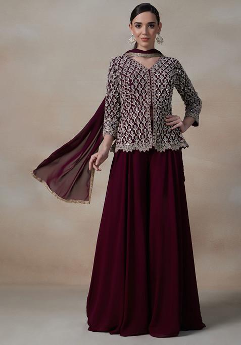 Maroon Sharara Set With Embroidered Kurta And Dupatta