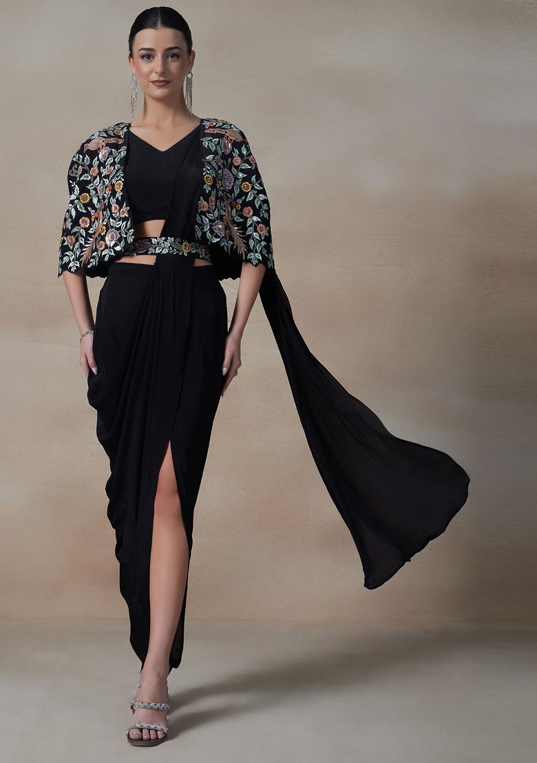 Black Zari Embroidered Jacket Set With Blouse And Belt - Indya