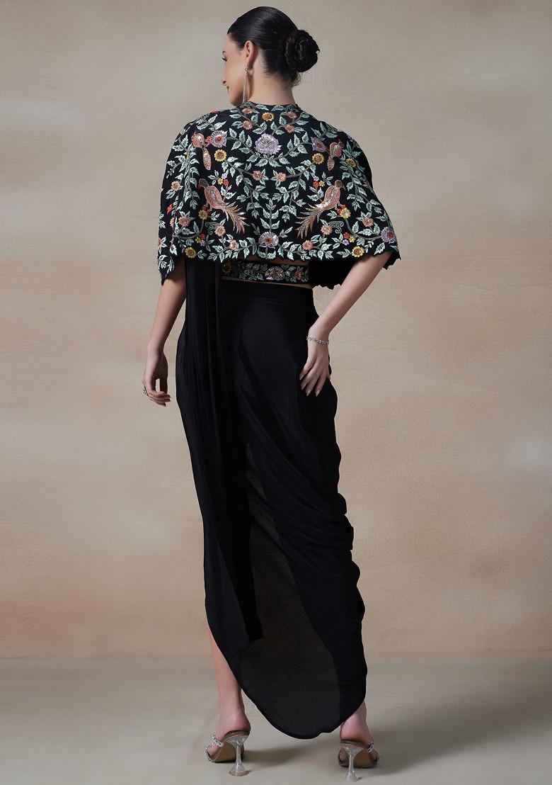 Black Zari Embroidered Jacket Set With Blouse And Belt - Indya