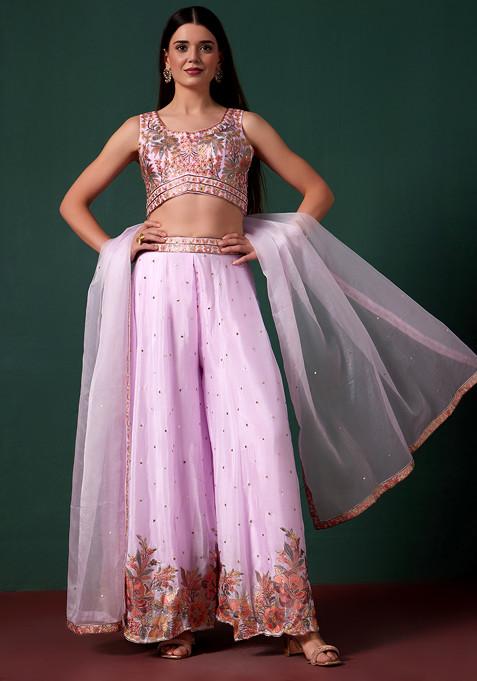 Purple Sharara Set With Embroidered Blouse And Dupatta