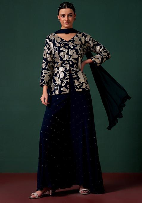 Blue Sharara Set With Embroidered Kurta And Dupatta