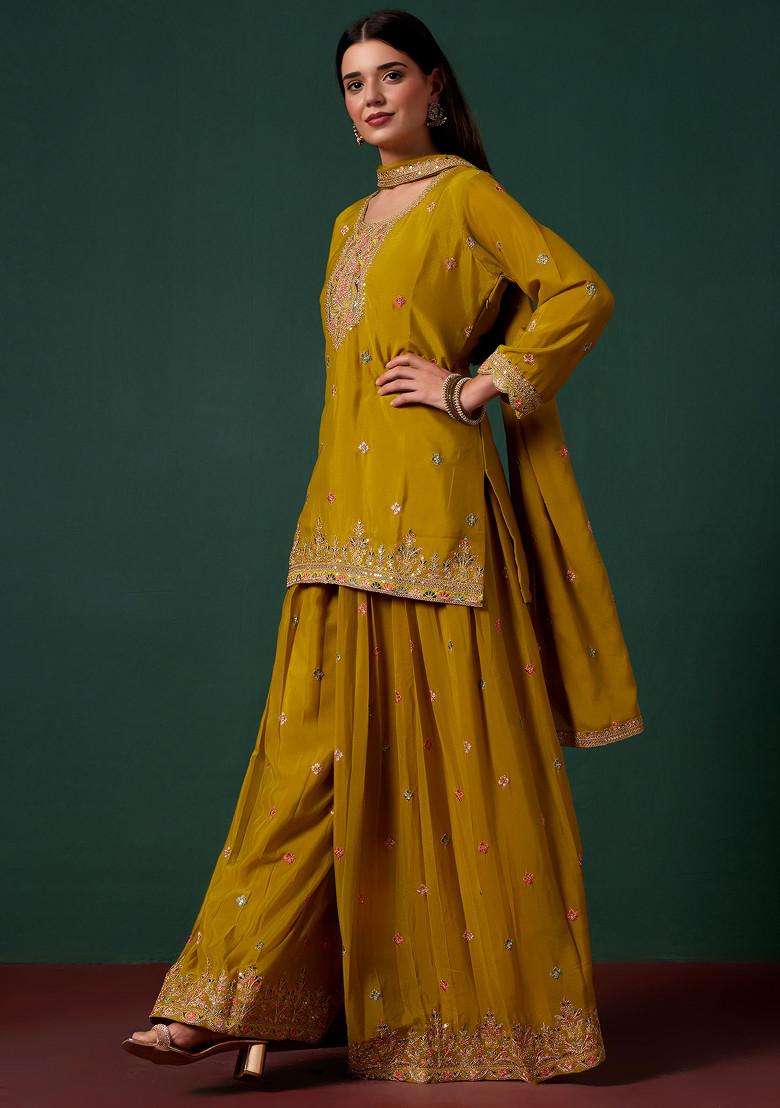 Yellow Sharara Set With Embroidered Kurta And Dupatta