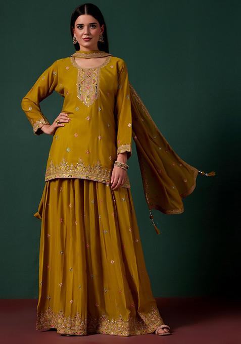 Yellow Sharara Set With Embroidered Kurta And Dupatta