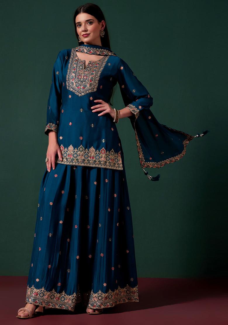 Blue Sharara Set With Embroidered Kurta And Dupatta