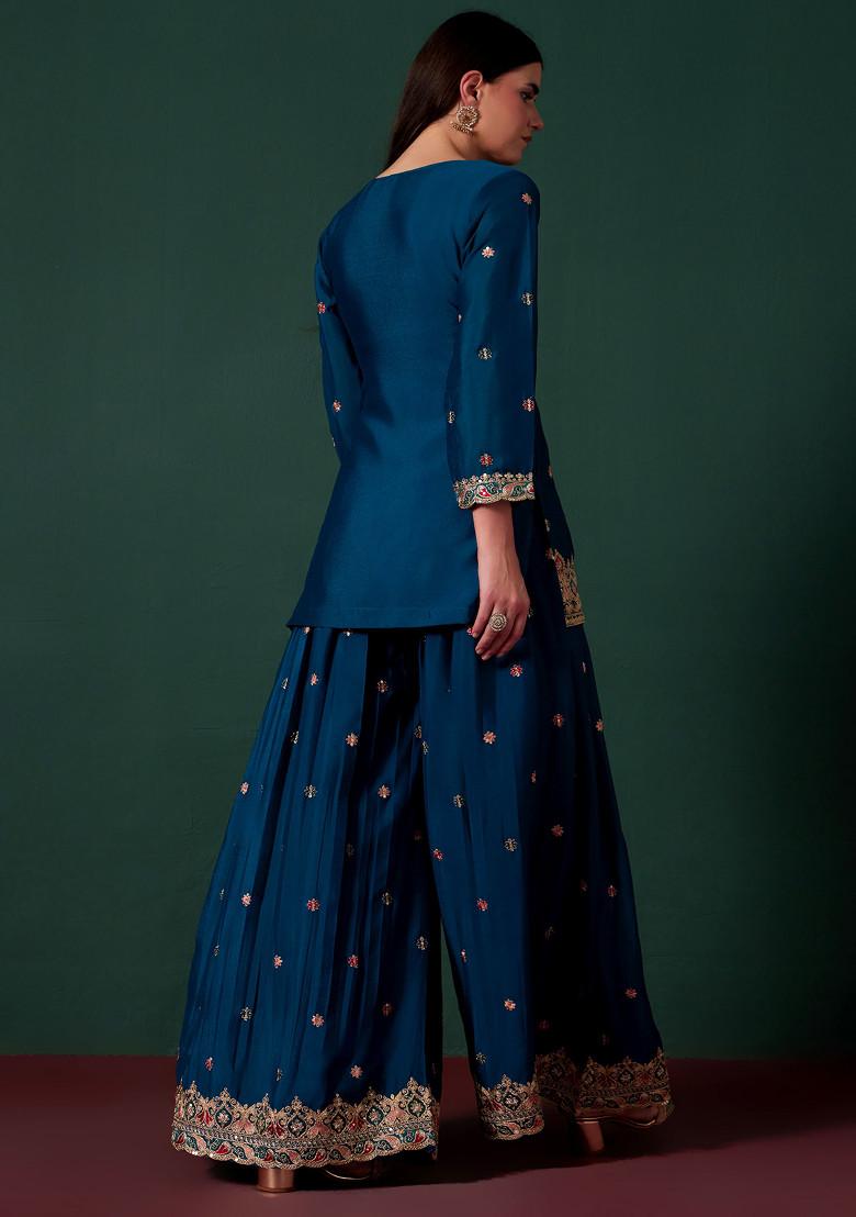 Blue Sharara Set With Embroidered Kurta And Dupatta
